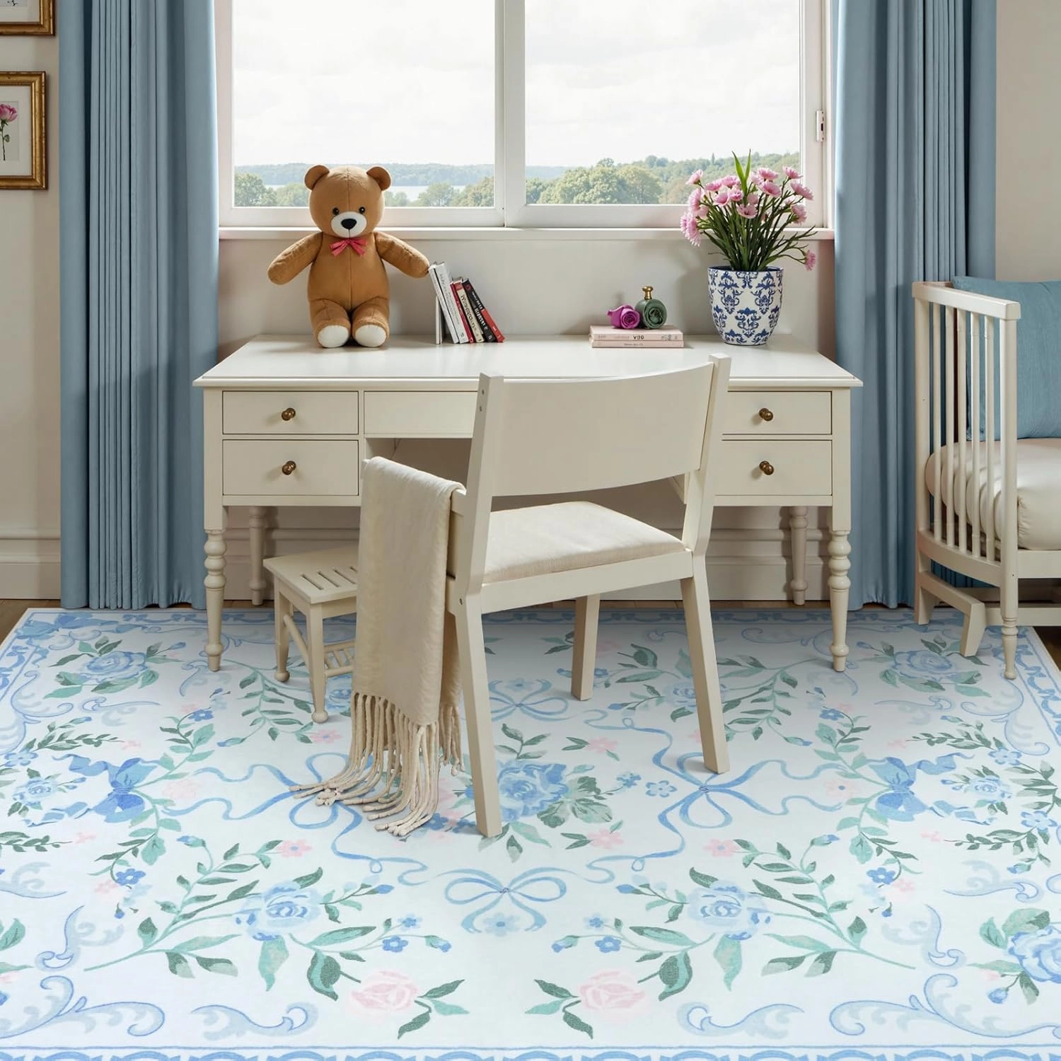 Collive Blue Floral Rugs for Girls, 5x7 Washable Bow Area Rug for Living Room, Cute Ultra-Thin Non Slip Indoor Decor Carpet for Nursery Kids Room Bedroom Playroom (Blue 5' x 7')