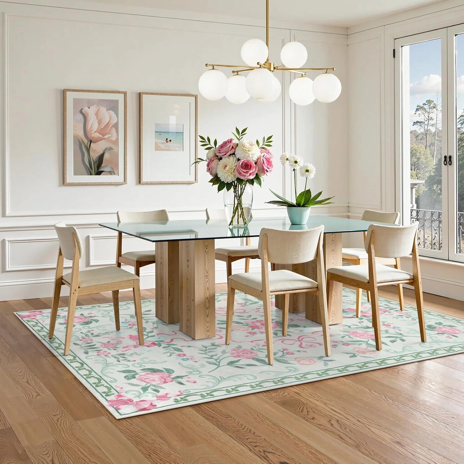 Collive Green Floral Rugs for Girls, 5x7 Washable Bow Area Rug for Living Room, Cute Ultra-Thin Non Slip Indoor Decor Carpet for Nursery Kids Room Bedroom Playroom (Green 5' x 7')
