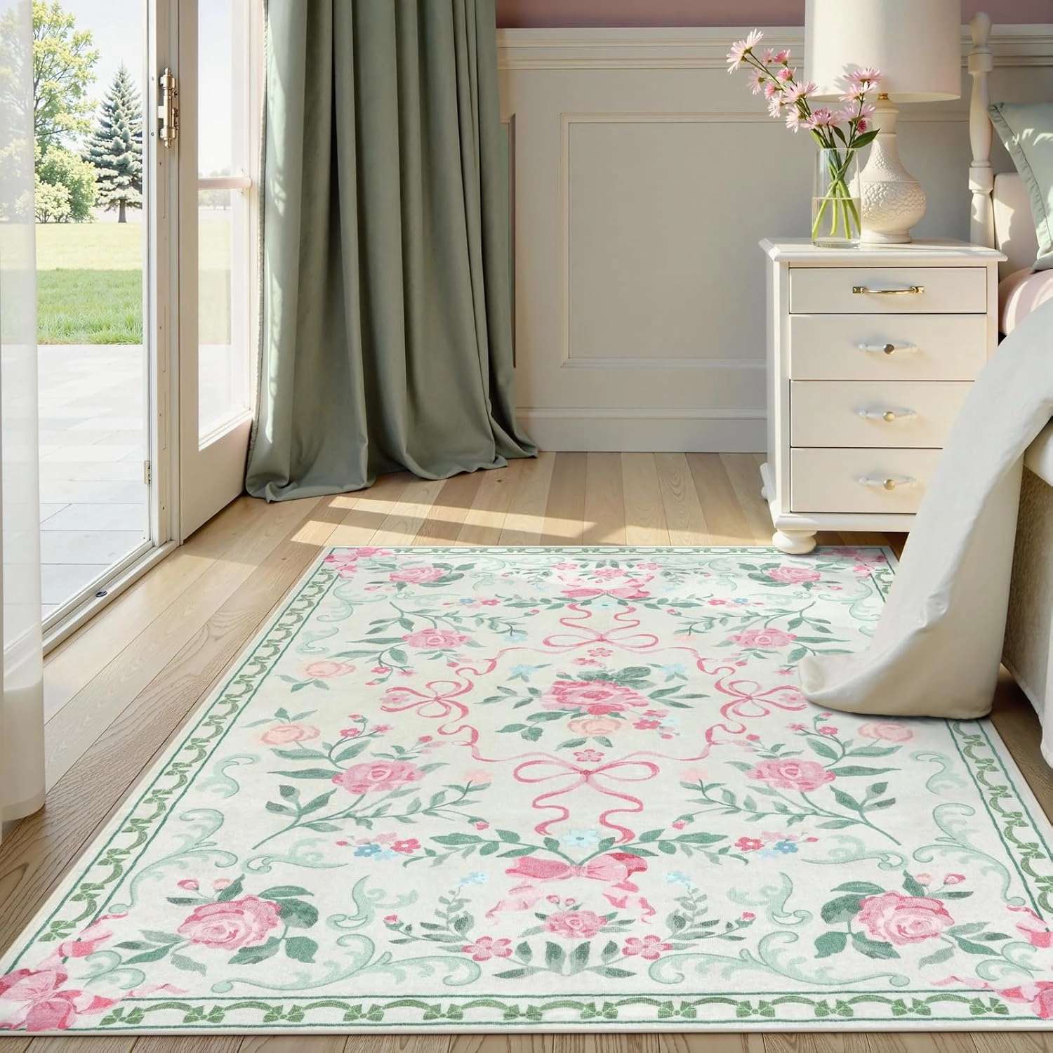 Collive Green Floral Rugs for Girls, 5x7 Washable Bow Area Rug for Living Room, Cute Ultra-Thin Non Slip Indoor Decor Carpet for Nursery Kids Room Bedroom Playroom (Green 5' x 7')