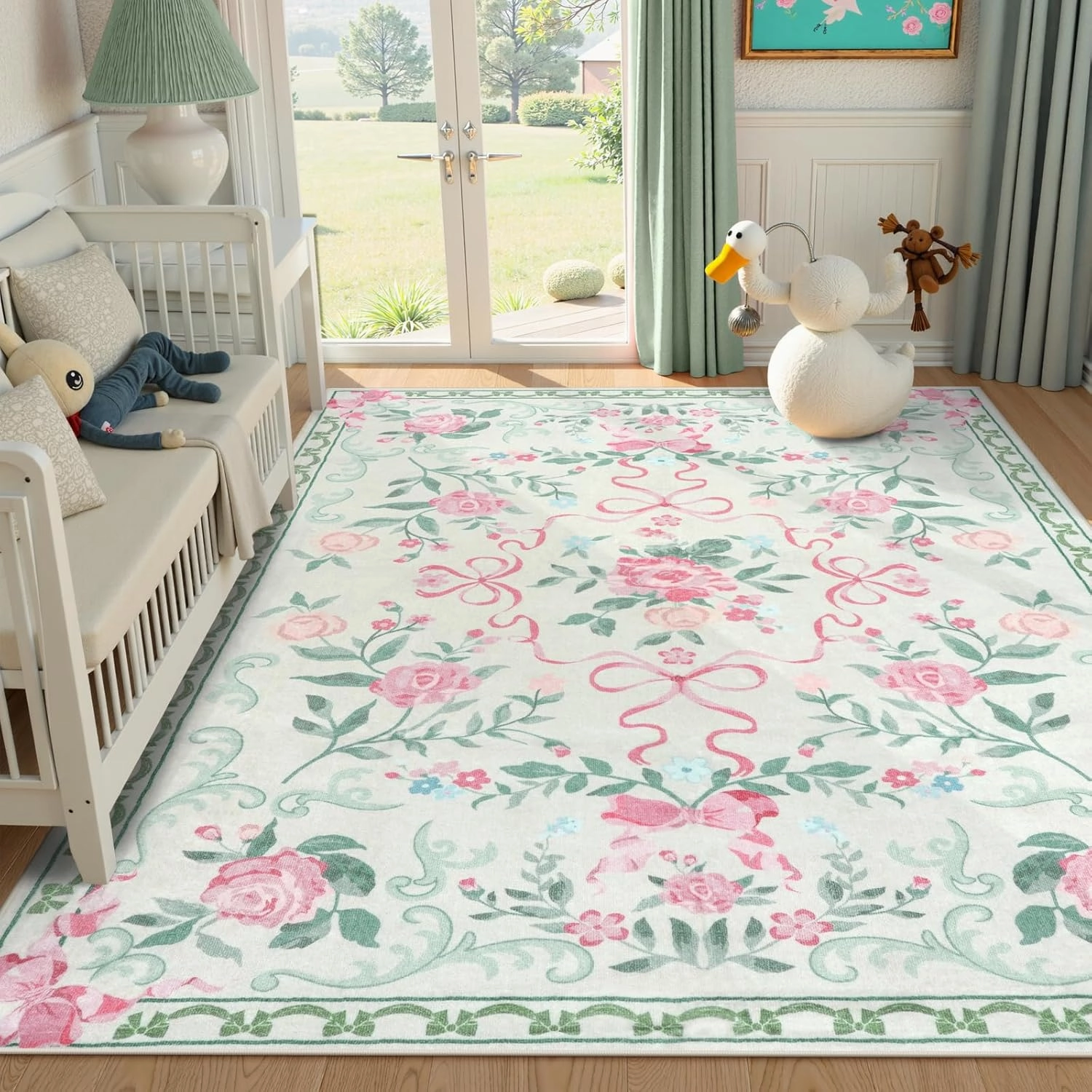 Collive Green Floral Rugs for Girls, 5x7 Washable Bow Area Rug for Living Room, Cute Ultra-Thin Non Slip Indoor Decor Carpet for Nursery Kids Room Bedroom Playroom (Green 5' x 7')