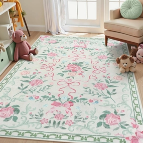 Collive Green Floral Rugs for Girls, 5x7 Washable Bow Area Rug for Living Room, Cute Ultra-Thin Non Slip Indoor Decor Carpet for Nursery Kids Room Bedroom Playroom (Green 5' x 7')
