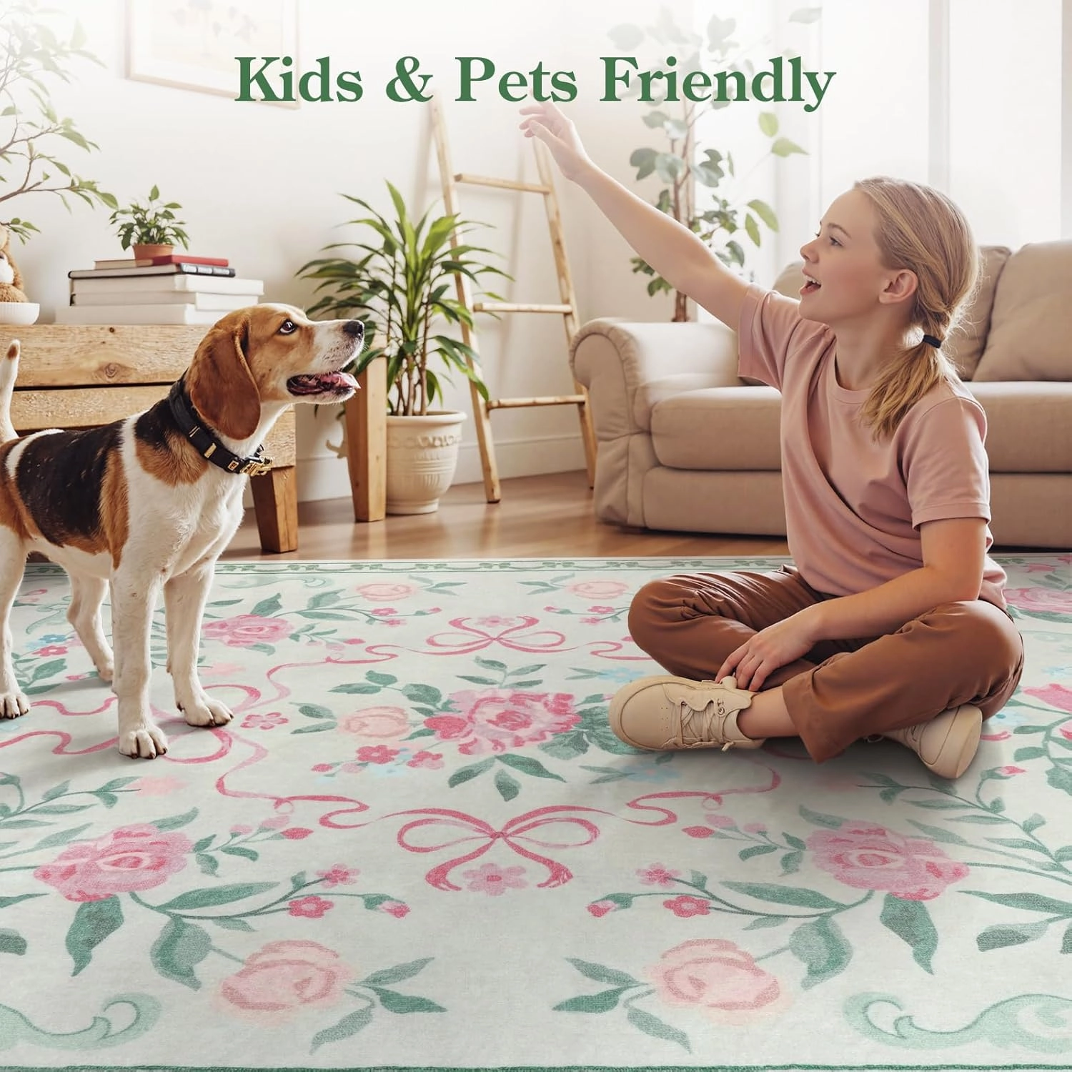 Collive Green Floral Rugs for Girls, 5x7 Washable Bow Area Rug for Living Room, Cute Ultra-Thin Non Slip Indoor Decor Carpet for Nursery Kids Room Bedroom Playroom (Green 5' x 7')
