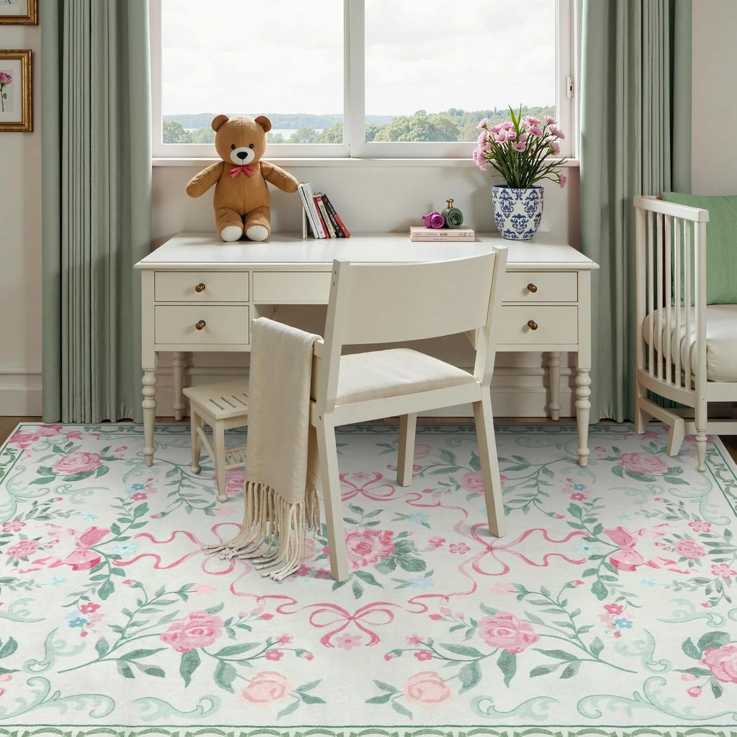 Collive Green Floral Rugs for Girls, 5x7 Washable Bow Area Rug for Living Room, Cute Ultra-Thin Non Slip Indoor Decor Carpet for Nursery Kids Room Bedroom Playroom (Green 5' x 7')