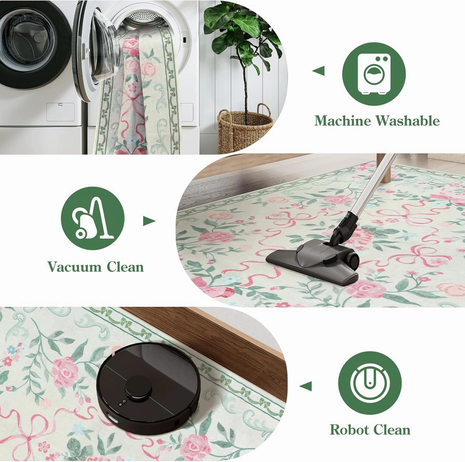 Collive Green Floral Rugs for Girls, 5x7 Washable Bow Area Rug for Living Room, Cute Ultra-Thin Non Slip Indoor Decor Carpet for Nursery Kids Room Bedroom Playroom (Green 5' x 7')
