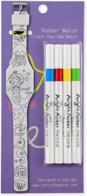 Color-Your-Own Mermaid ‍ Watch for Kids - Learn to Tell Time with DIY Coloring Adjustable Strap, Digital, 4 Markers Included - Unique Birthday Gift for Children