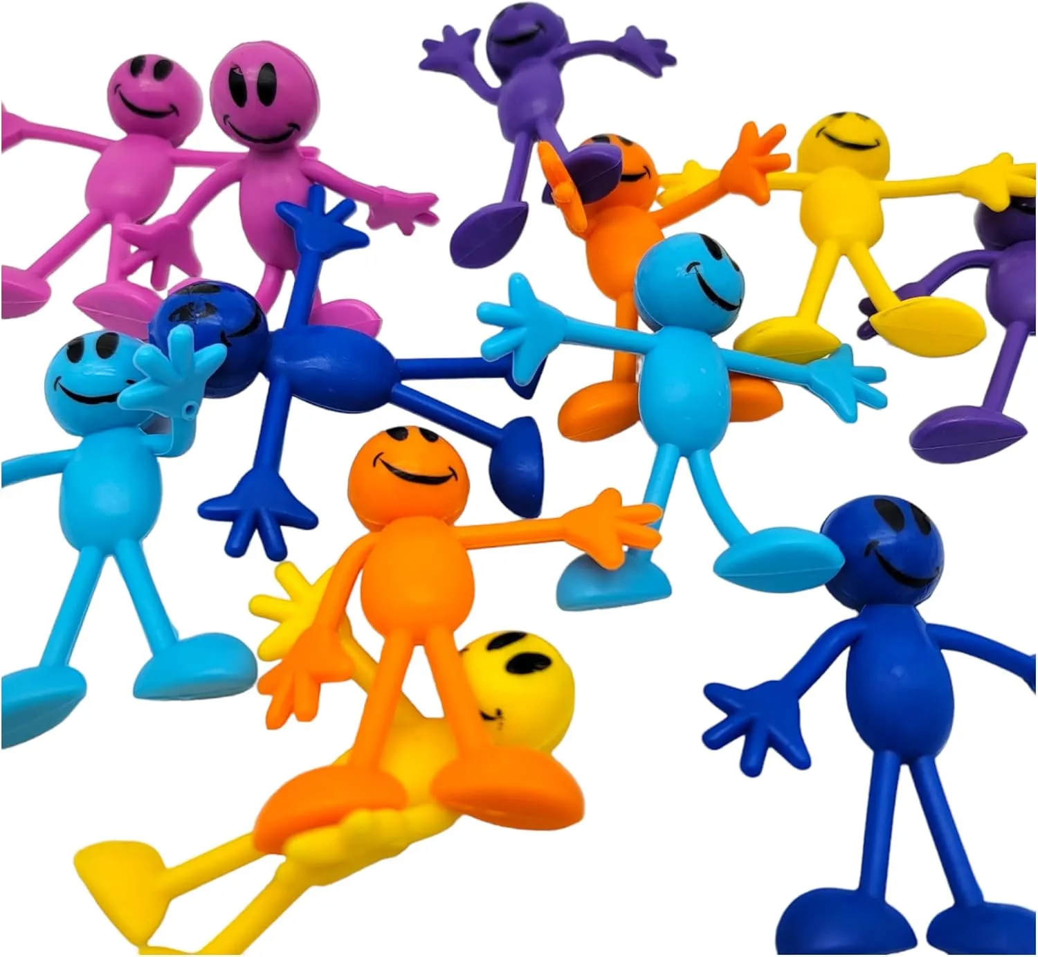 Colorful Bendable Smile Figures (3") Flexible Rubber Men with Smile Faces, Party Favor, Stress Relief Fidget Toy Goody Bag Pinata Fillers for Kids and Adults (24 Smile Figures)