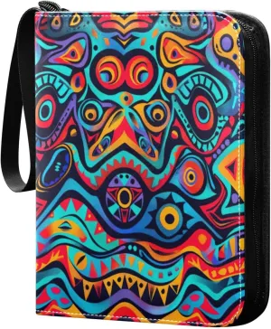 Colorful Ethnic Geometry Card Binder 4-Pocket, 400 Pockets Card Holder with 50 Removable Sleeves and Zipper for Games Baseball Football Sports Card