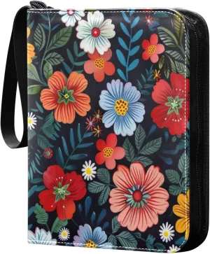 Colorful Floral Pattern Card Binder 4-Pocket, 400 Pockets Card Holder with 50 Removable Sleeves and Zipper for Games Baseball Football Sports Card