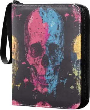 Colorful Skull Head Card Binder 4-Pocket, 400 Pockets Card Holder with 50 Removable Sleeves and Zipper for Games Baseball Football Sports Card