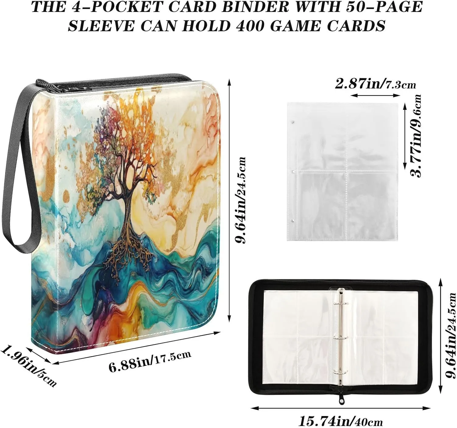 Colorful Waves Tree Card Collector Binder 4-Pocket Collectible Trading Card Albums Fits 400 Cards for Sports Cards, Game Cards