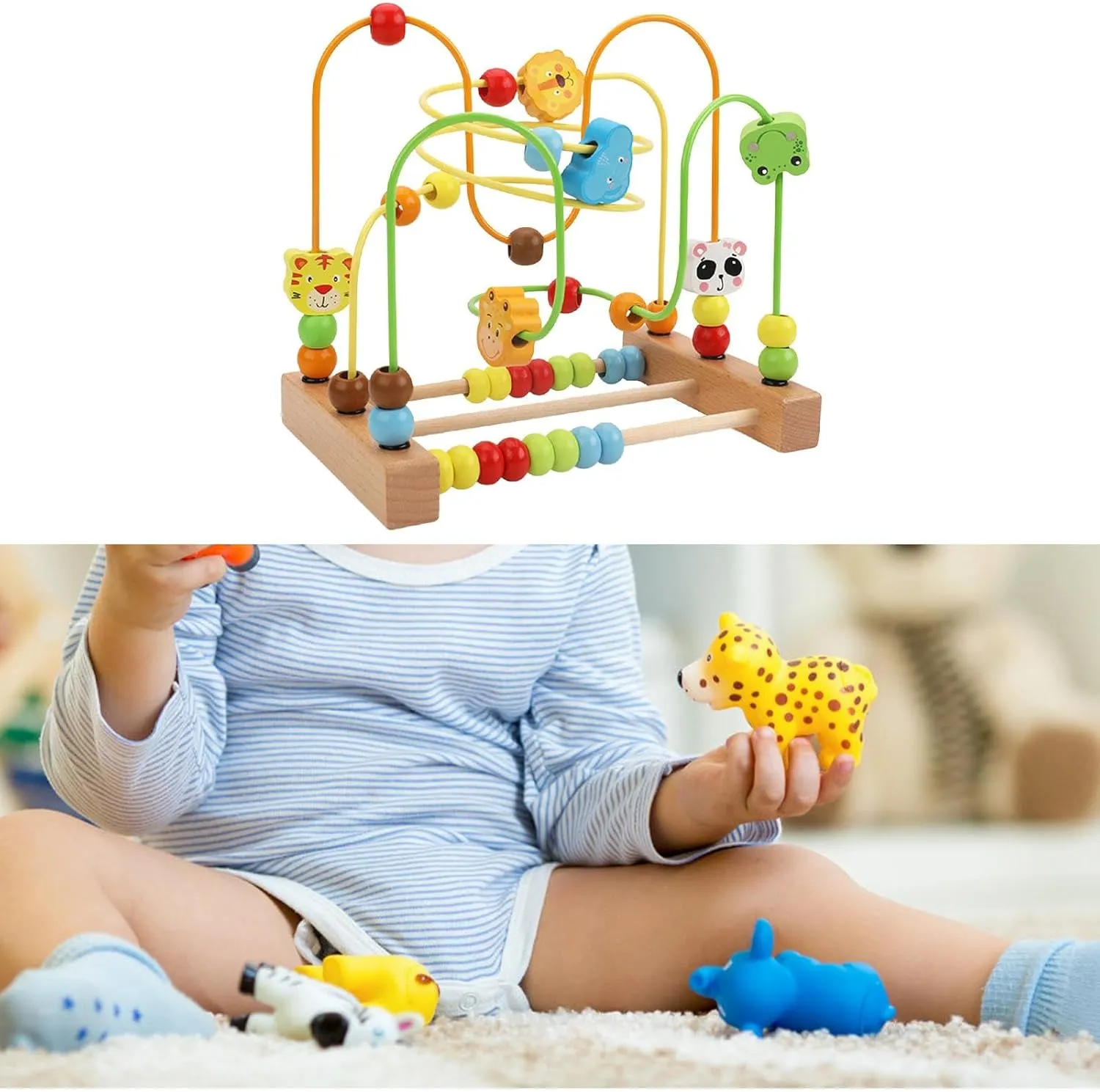 Colorful Wooden Bead Maze Roller Coaster Toy for Children, Animal, 22.5x15x20.5cm