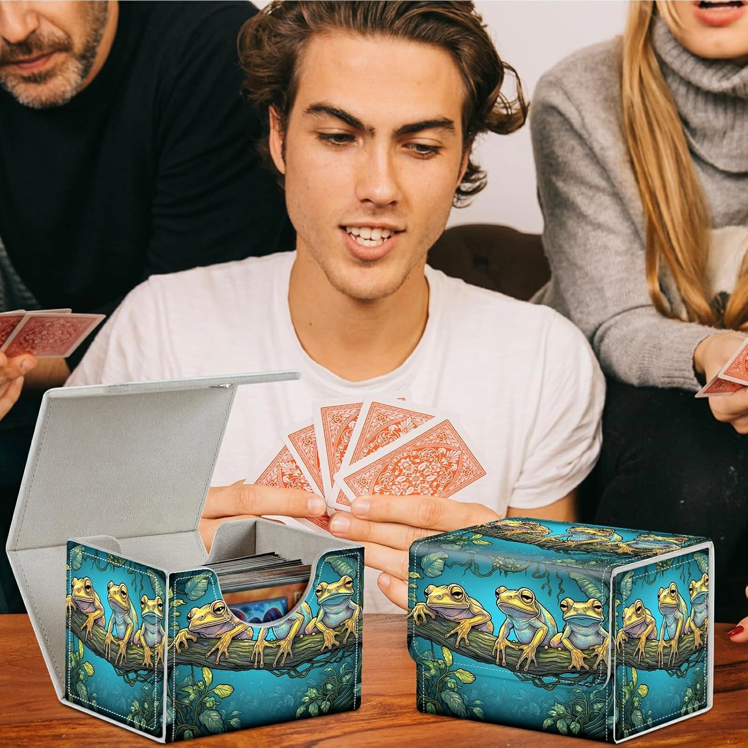 Colorful Frogs Card Deck Box Trading Cards with Strong Magnet Commander Deck Box Card Storage Box Magic Premium Card Storage Box Case Cover for TCG CCG Magic Cards