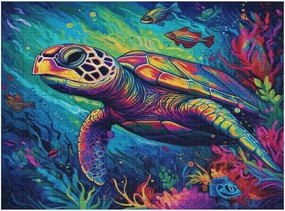 Colorful Painting of Turtle with Fish Swimming Around it. 500 Piece Jigsaw Puzzle for Adults, Home Decor Birthday Party Gift Family Game Toy as Wall Art Decor Poster