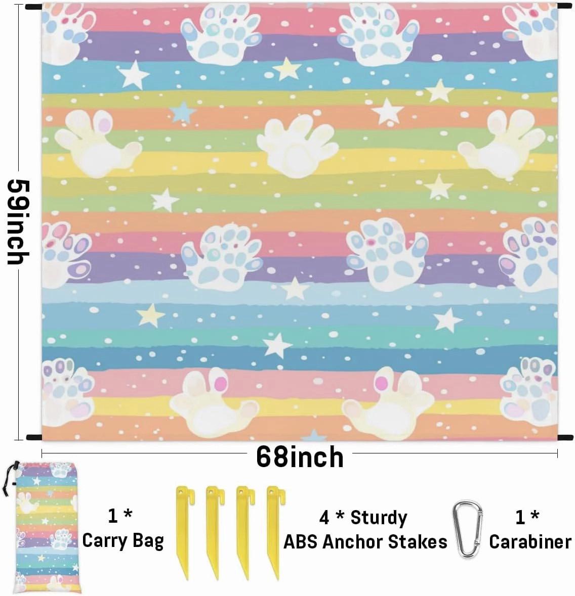Colorful Paw Print Beach Blanket, Sandproof Beach Mat, Adults Waterproof Quick Drying Sand Free Mat with 4 x Ground Spikes for Outdoor Travel Camping Hiking, Cartoon Dog Cat Paw