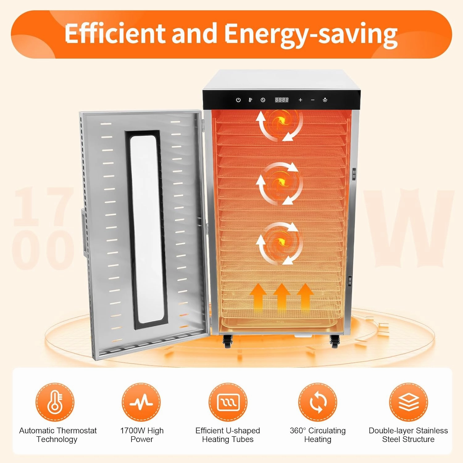 Commercial Food-Dehydrator Machine, 1700W 20 Trays Stainless Steel Food Dehydrator Electric Food Dryer Machine Large Fruit Dehydrator with Digital Timer for Food and Jerky Veggies (86-194°F)