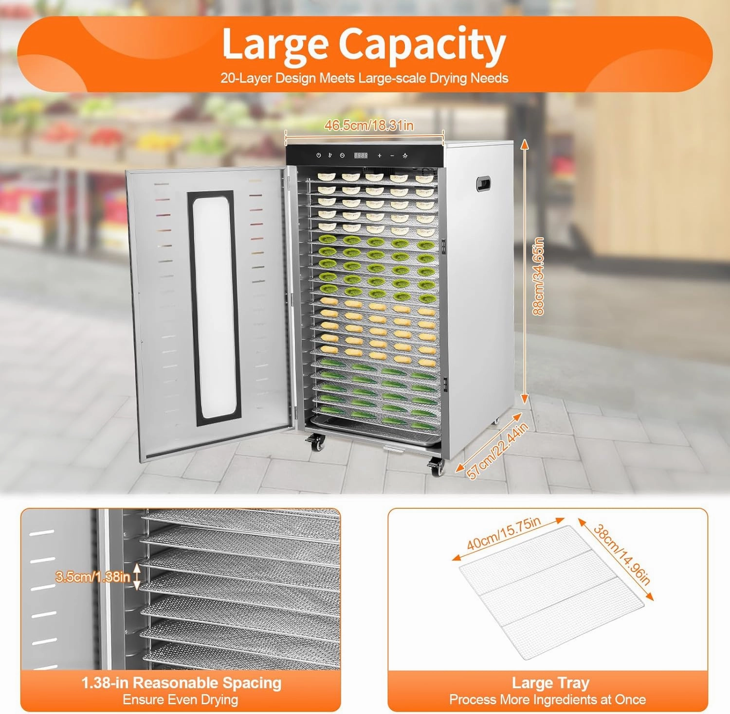 Commercial Food-Dehydrator Machine, 1700W 20 Trays Stainless Steel Food Dehydrator Electric Food Dryer Machine Large Fruit Dehydrator with Digital Timer for Food and Jerky Veggies (86-194°F)