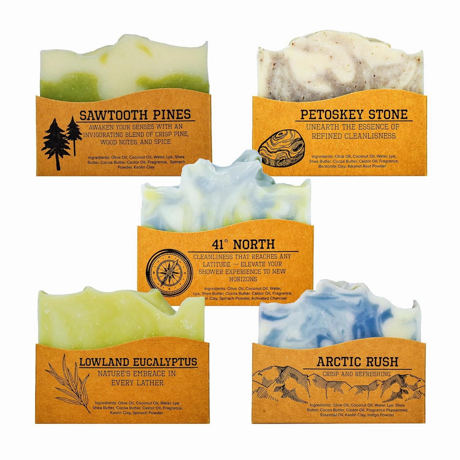 Compass Soap Natural Soap for Men | Skin-Friendly & Chemical-Free Hand Made Soap Bar Gift Set | Best Exfoliating and Cleansing Bar Soap for Men | 5 Oz. Variety Pack of 5