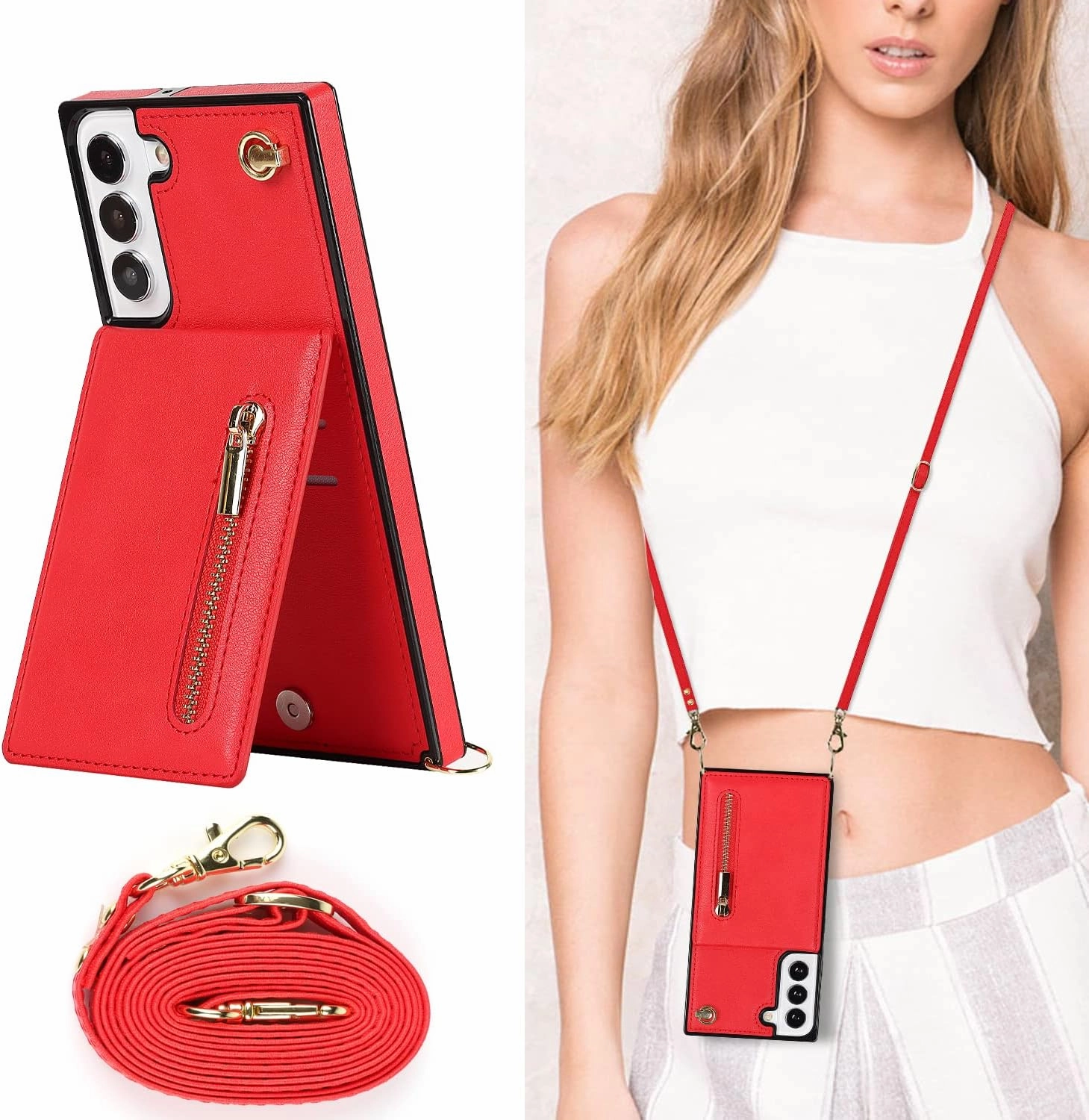 Compatible with Samsung Galaxy S23 Plus Case 6.6 Inch, Pocket Purse Handbag Shoulder Strap Stylish Protective Cover for Galaxy S23 Plus (Romantic Red)