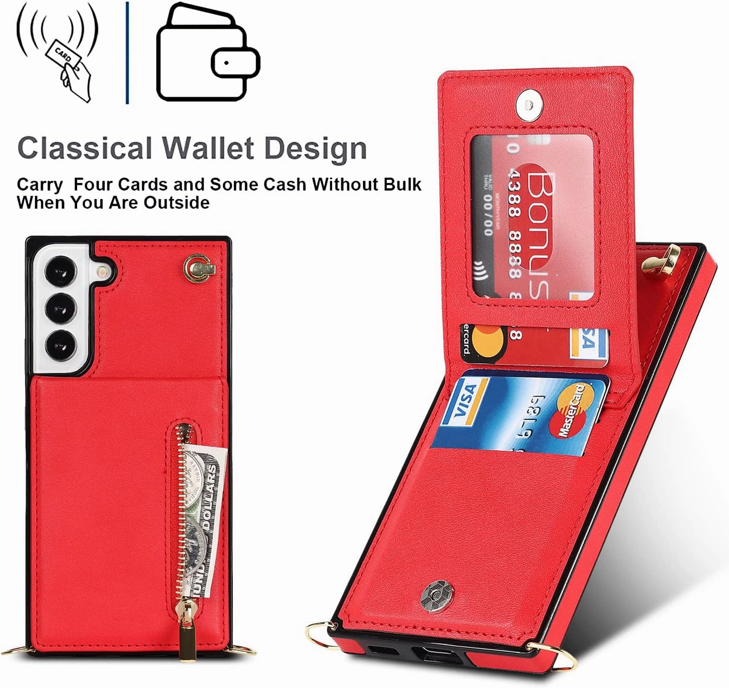 Compatible with Samsung Galaxy S23 Plus Case 6.6 Inch, Pocket Purse Handbag Shoulder Strap Stylish Protective Cover for Galaxy S23 Plus (Romantic Red)