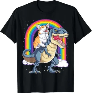 Corgi Riding Dinosaur T-rex Boys Girls Space Galaxy Rainbow T-Shirt