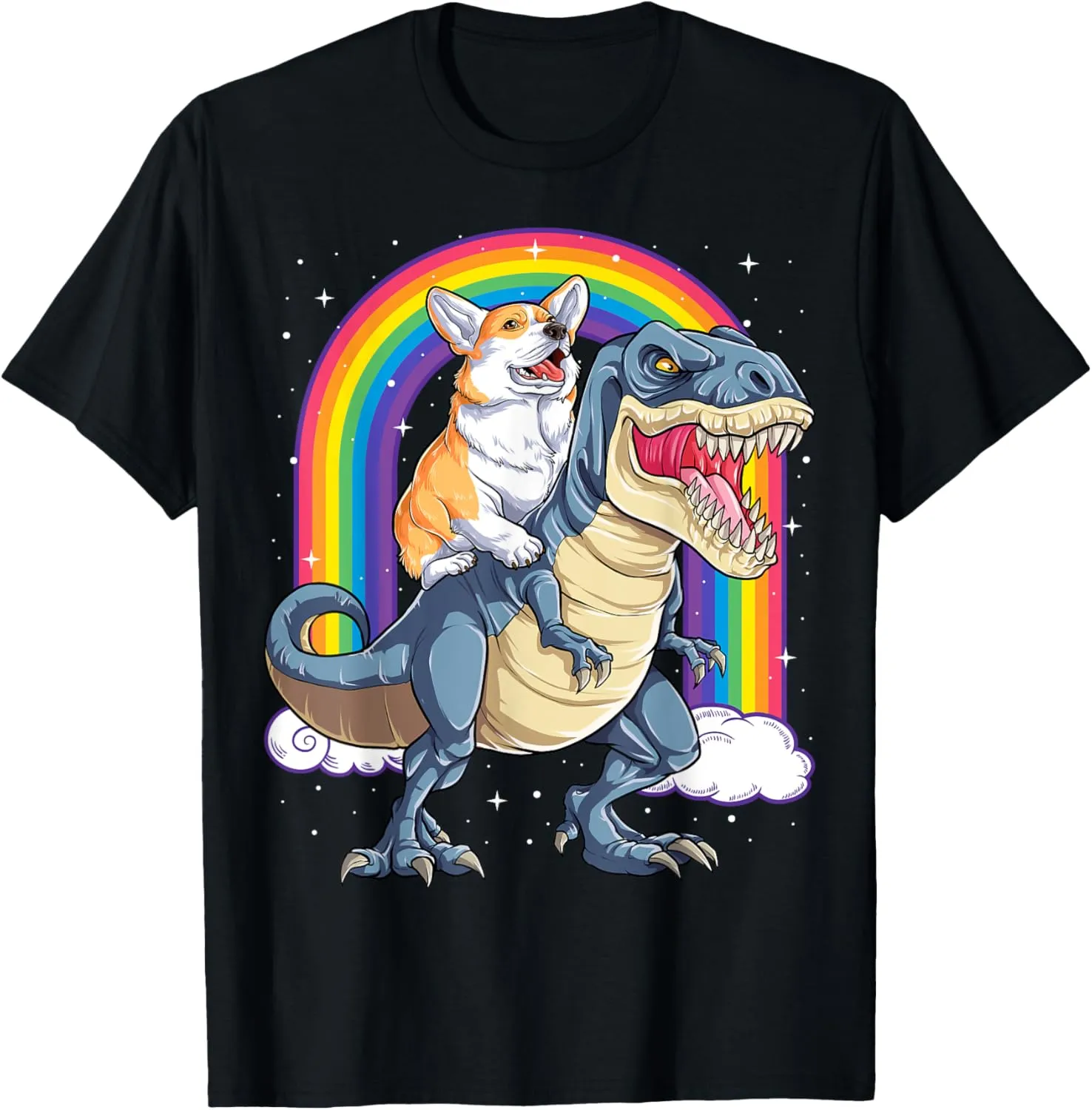 Corgi Riding Dinosaur T-rex Boys Girls Space Galaxy Rainbow T-Shirt