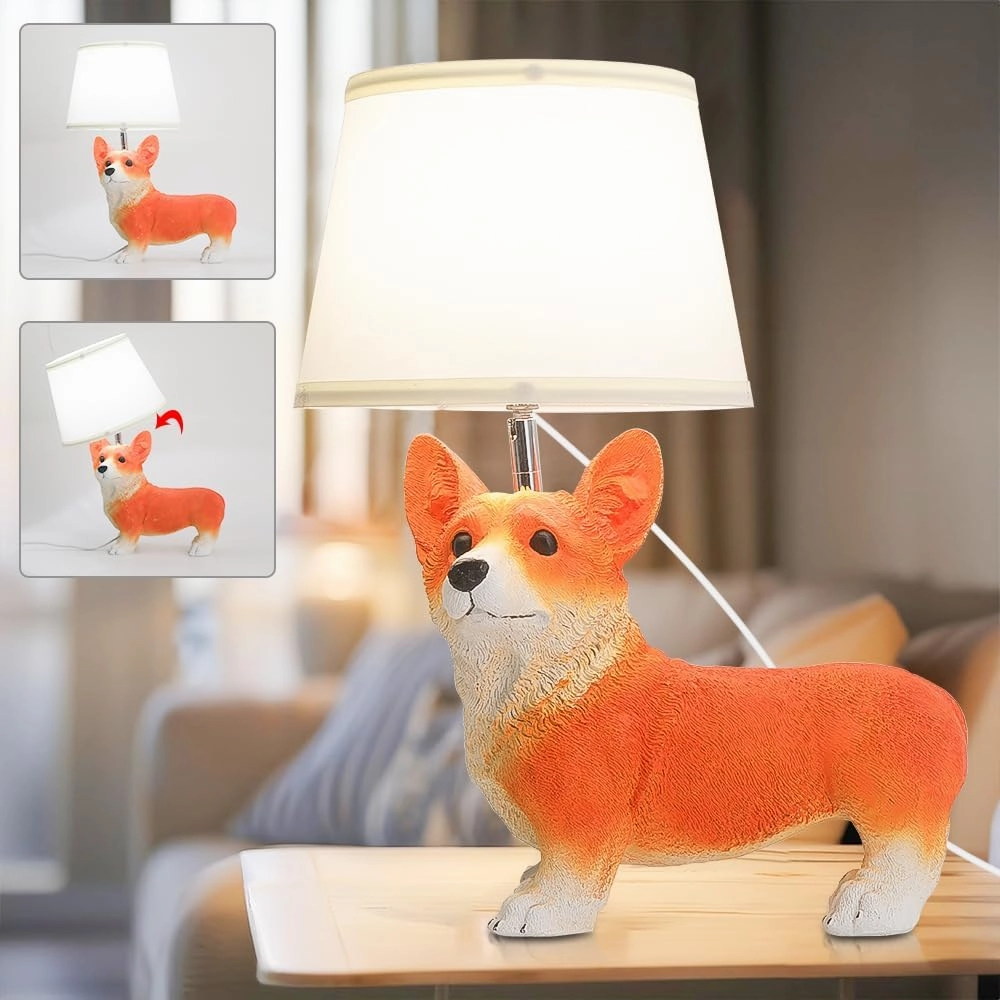 Corgi Cute Desk Lamp,Animal Lamp,Resin Dog Statue Puppy Bedside Lamps for Bedroom,Unique Table Lamps Home Office,Room Light for Kids Adults,360°Rotating Fabric Lampshade,Fun Livingroom Decor
