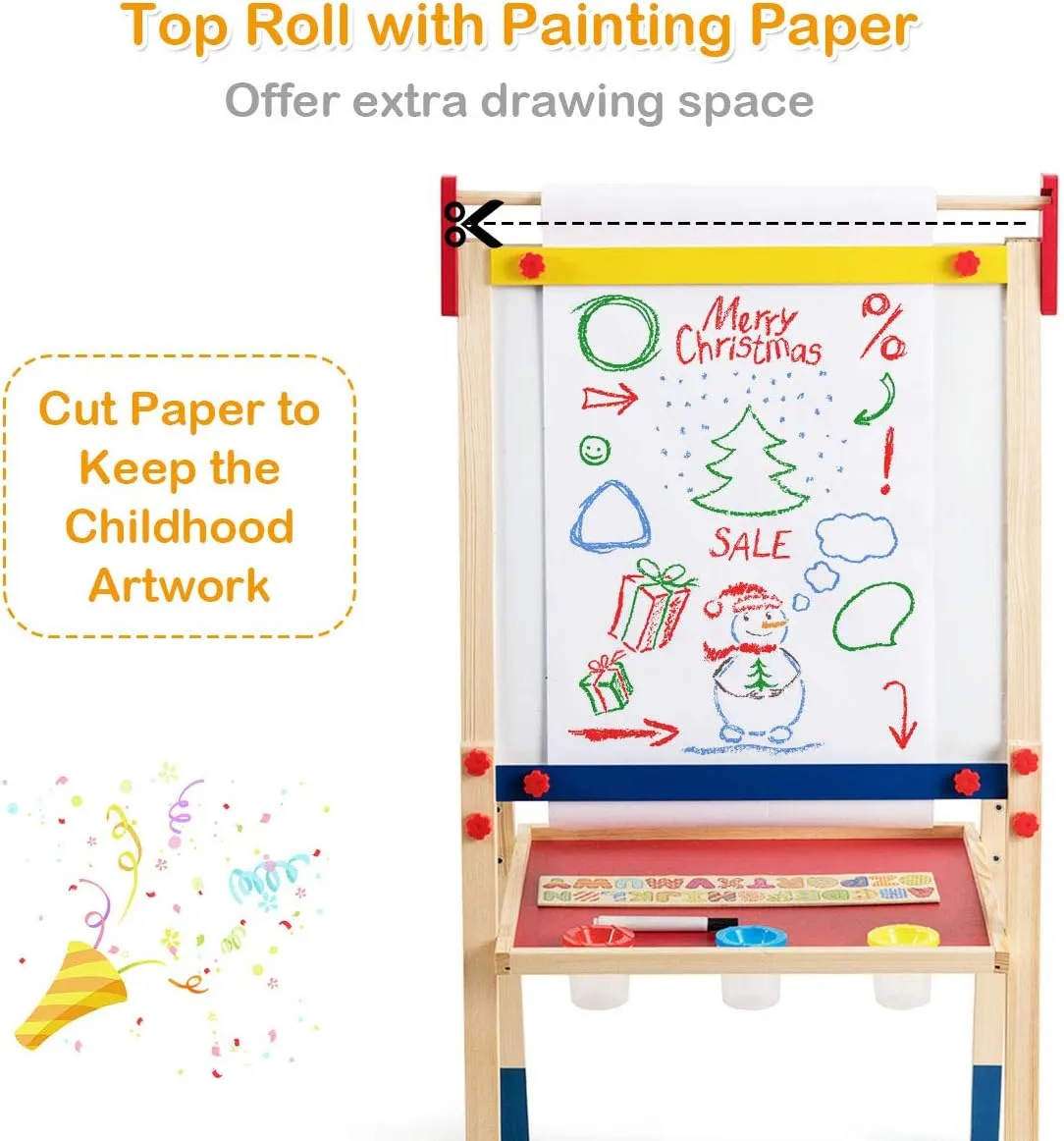 Costzon 3 in 1 Kids Art Easel, Double Sided Adjustable Chalkboard & White Dry Erase with Paper Roll, 26 English Alphabet Tiles, Marker Pen, Magnetic Sponge, Wood Easel for Toddlers