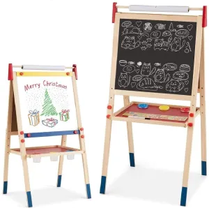 Costzon 3 in 1 Kids Art Easel, Double Sided Adjustable Chalkboard & White Dry Erase with Paper Roll, 26 English Alphabet Tiles, Marker Pen, Magnetic Sponge, Wood Easel for Toddlers