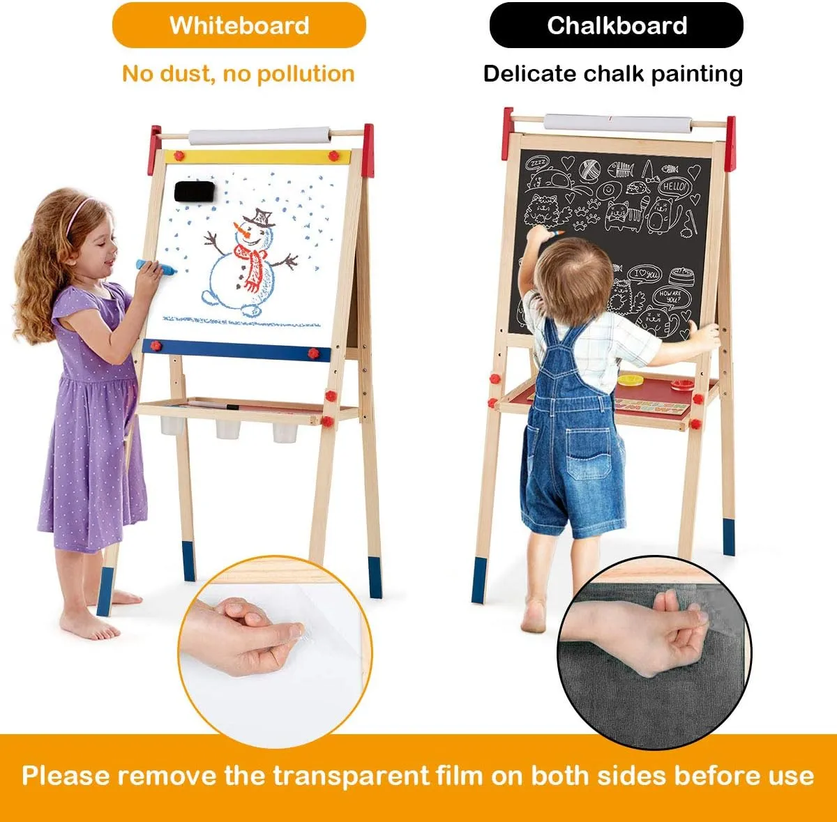 Costzon 3 in 1 Kids Art Easel, Double Sided Adjustable Chalkboard & White Dry Erase with Paper Roll, 26 English Alphabet Tiles, Marker Pen, Magnetic Sponge, Wood Easel for Toddlers