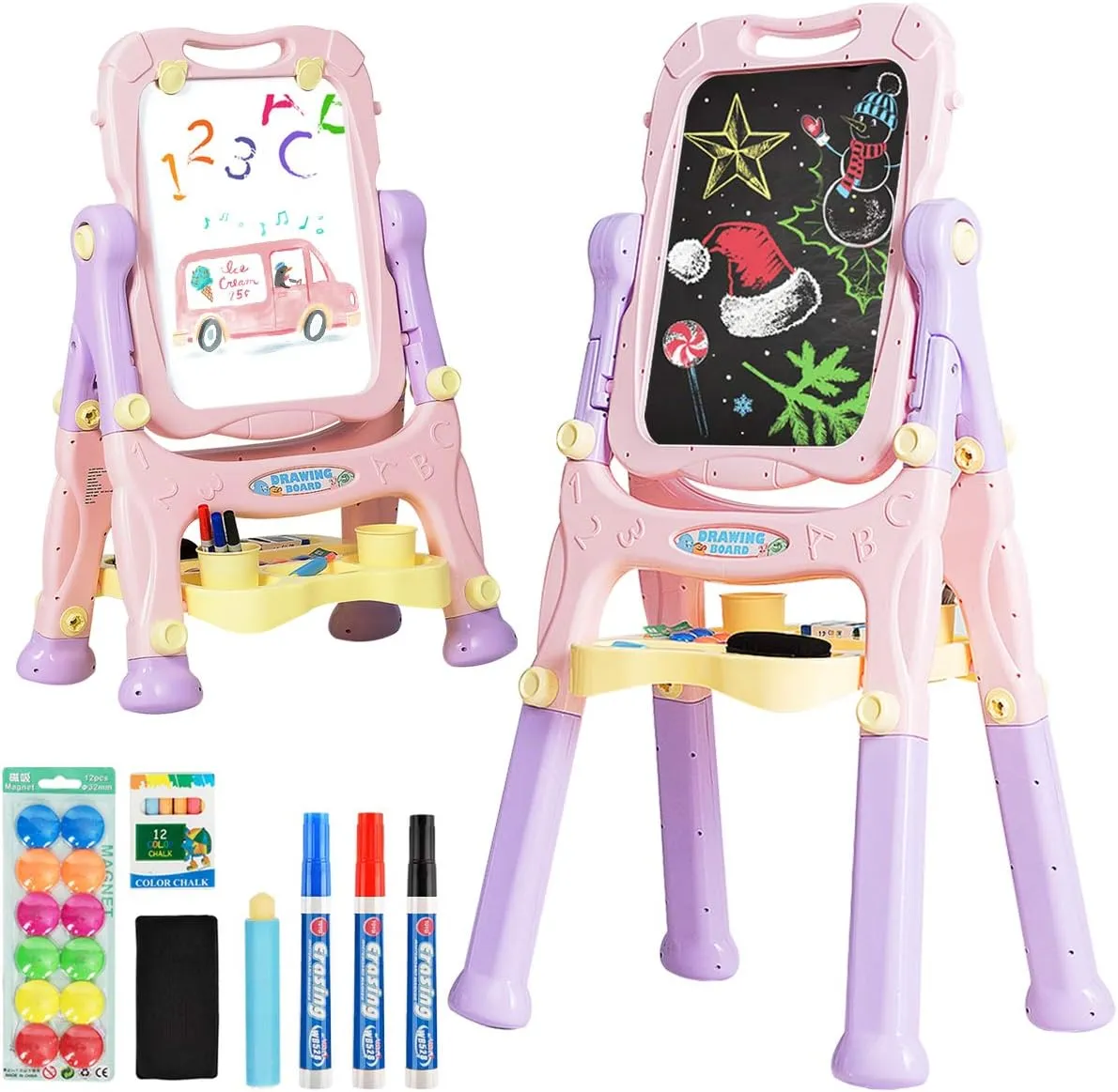Costzon Art Easel for Kids, 360° Rotate Adjustable Double Side Standing Toddler Portable Magnetic Drawing Set with Chalkboard, Whiteboard, Art Accessories, Large Storage Tray, Gift (Purple)