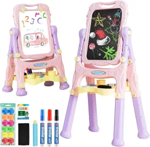 Costzon Art Easel for Kids, 360° Rotate Adjustable Double Side Standing Toddler Portable Magnetic Drawing Set with Chalkboard, Whiteboard, Art Accessories, Large Storage Tray, Gift (Purple)