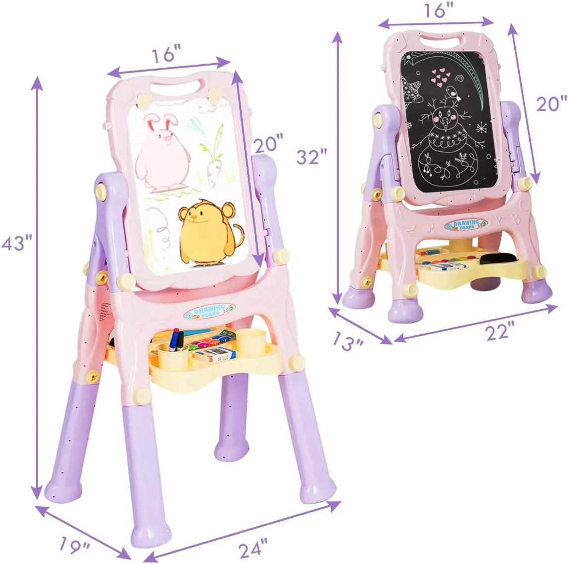 Costzon Art Easel for Kids, 360° Rotate Adjustable Double Side Standing Toddler Portable Magnetic Drawing Set with Chalkboard, Whiteboard, Art Accessories, Large Storage Tray, Gift (Purple)