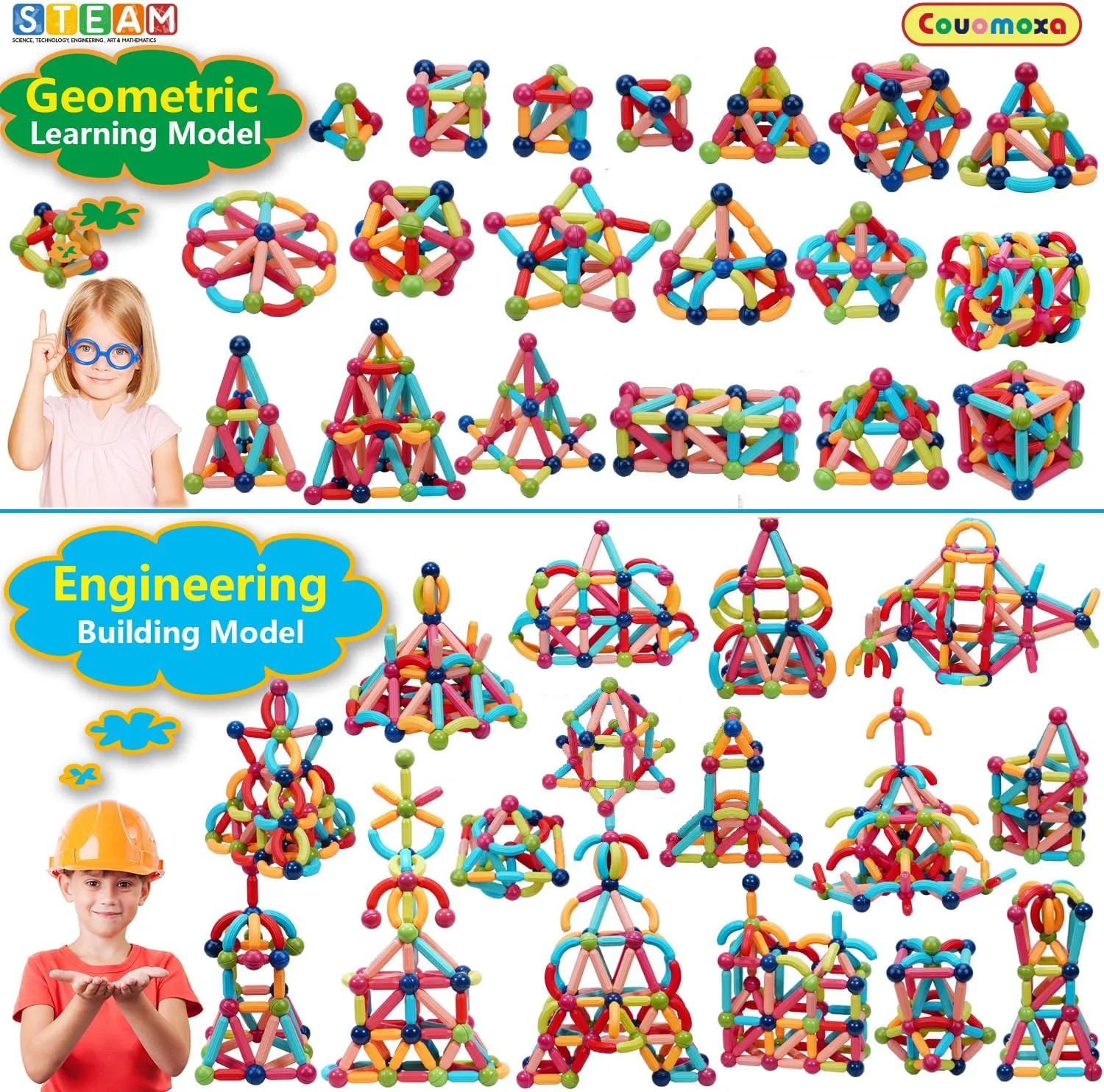 COUOMOXA Magnetic Toy Montessori for Kids: 3 4 5 6 7 8 9 10 11 12 Years Old Boys Girls Magnetic Building Sticks - STEM Creative Toy Ages 3-12 Playroom Family for Kids