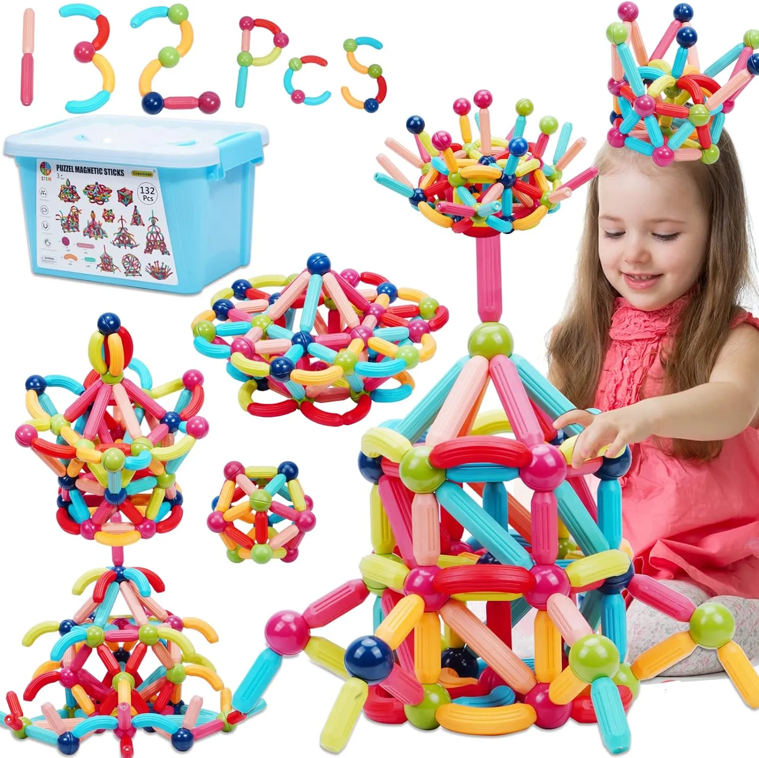 COUOMOXA Magnetic Toy Montessori for Kids: 3 4 5 6 7 8 9 10 11 12 Years Old Boys Girls Magnetic Building Sticks - STEM Creative Toy Ages 3-12 Playroom Family for Kids