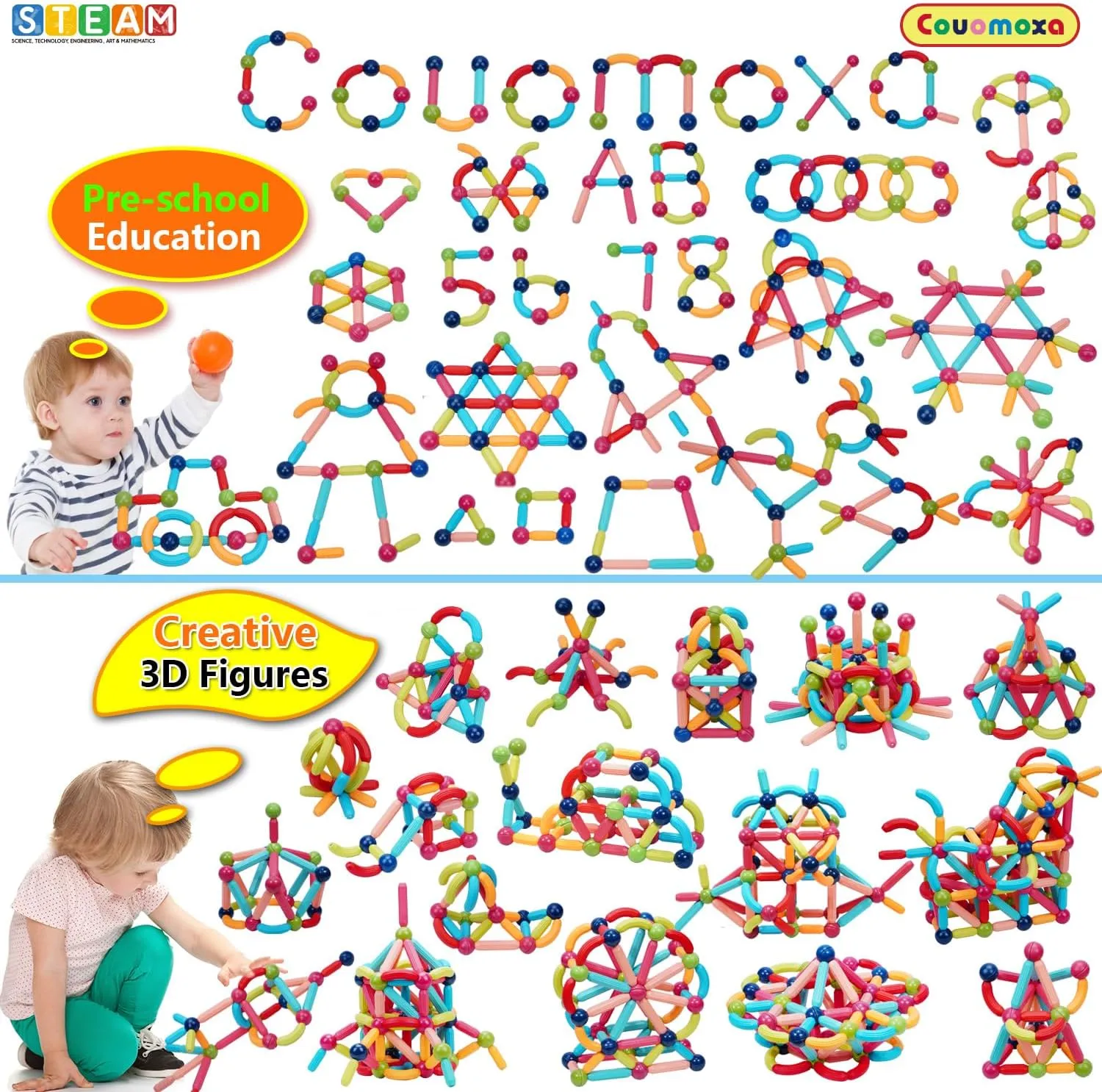 COUOMOXA Magnetic Toy Montessori for Kids: 3 4 5 6 7 8 9 10 11 12 Years Old Boys Girls Magnetic Building Sticks - STEM Creative Toy Ages 3-12 Playroom Family for Kids