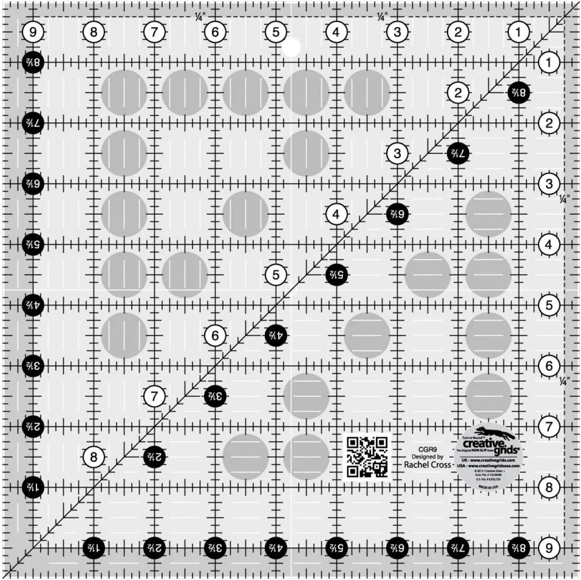 Creative Grids Quilt Ruler 9-1/2in x 9-1/2in Square – CGR9 – Made in USA, Non-Slip Grip Acrylic Quilting, Sewing, Crafting, Patchwork Ruler for Measuring & Cutting Fabric