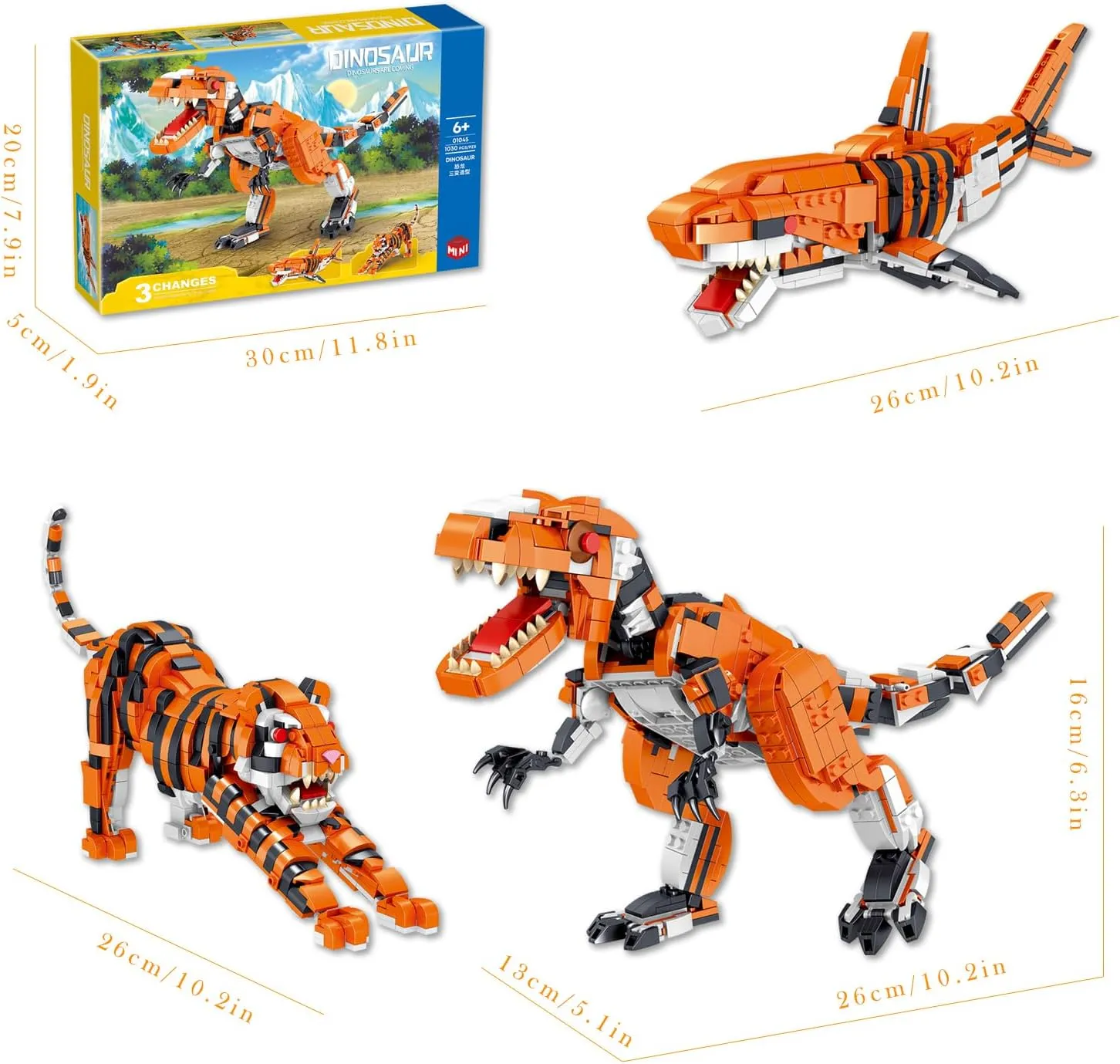 Creator 3 in 1 Animals Mini Building Block Sets for Kids Dinosaur/Tiger/Shark Transforming Building Kits Toys Gift for Boys 1030 Pieces