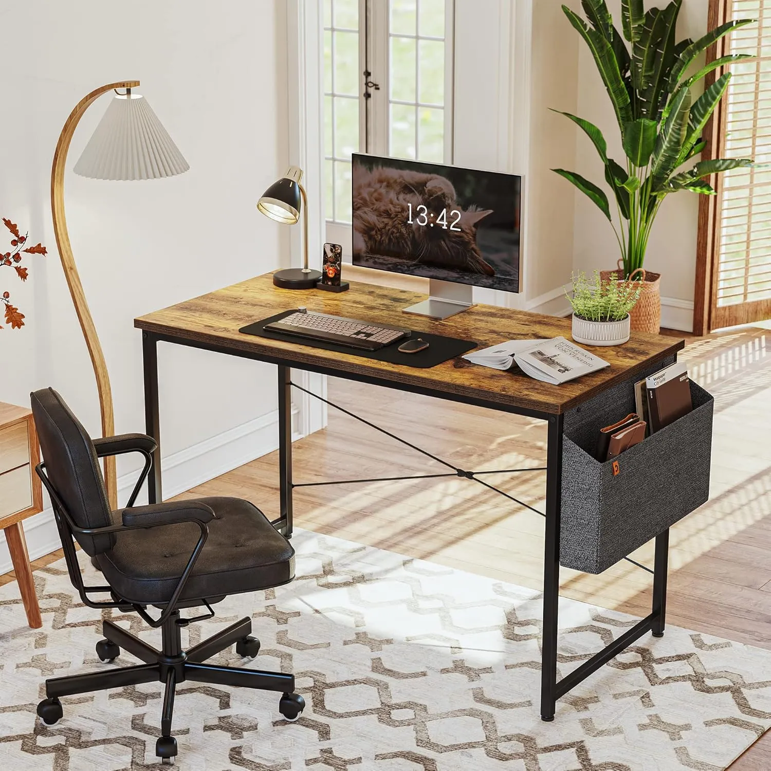 Cubiker Computer Desk 63 inch Home Office Writing Study Desk, Modern Simple Style Laptop Table with Storage Bag, Brown