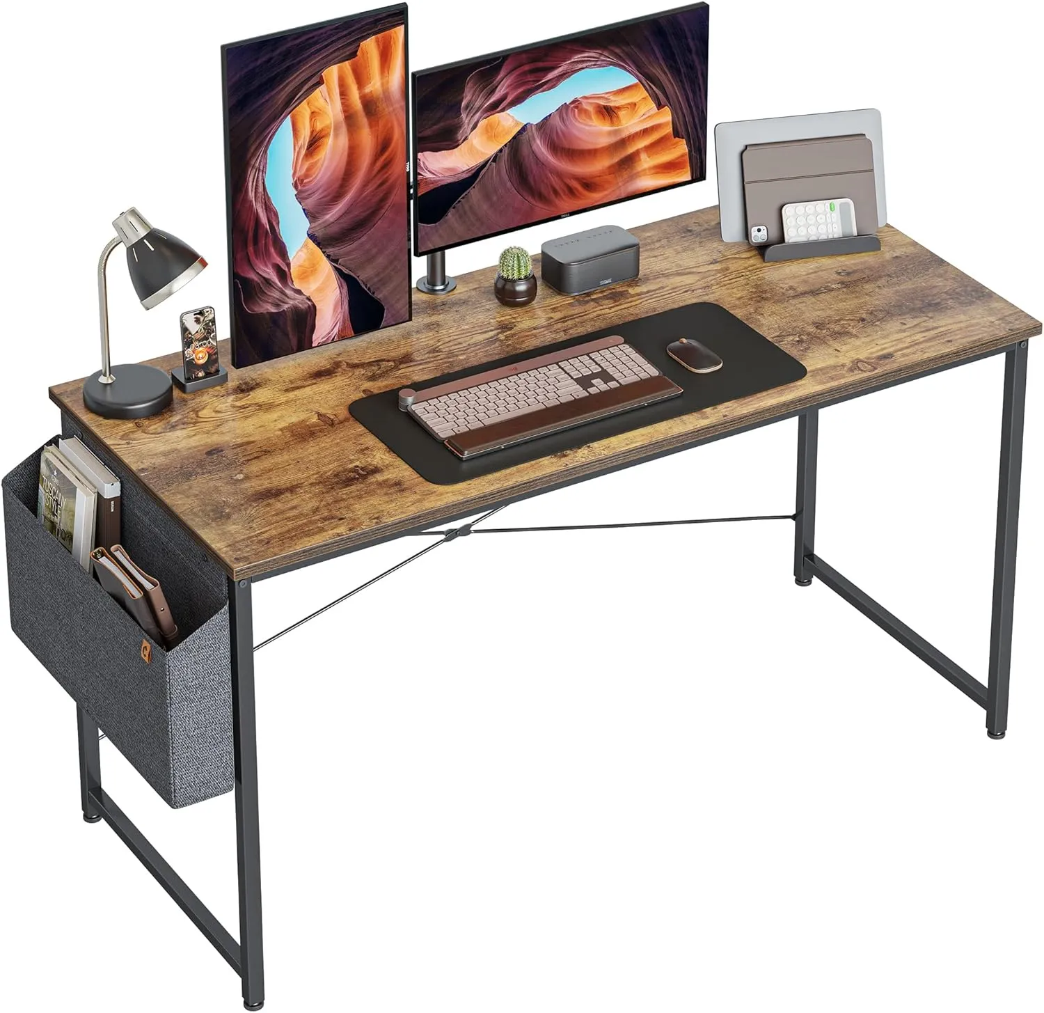 Cubiker Computer Desk 63 inch Home Office Writing Study Desk, Modern Simple Style Laptop Table with Storage Bag, Brown