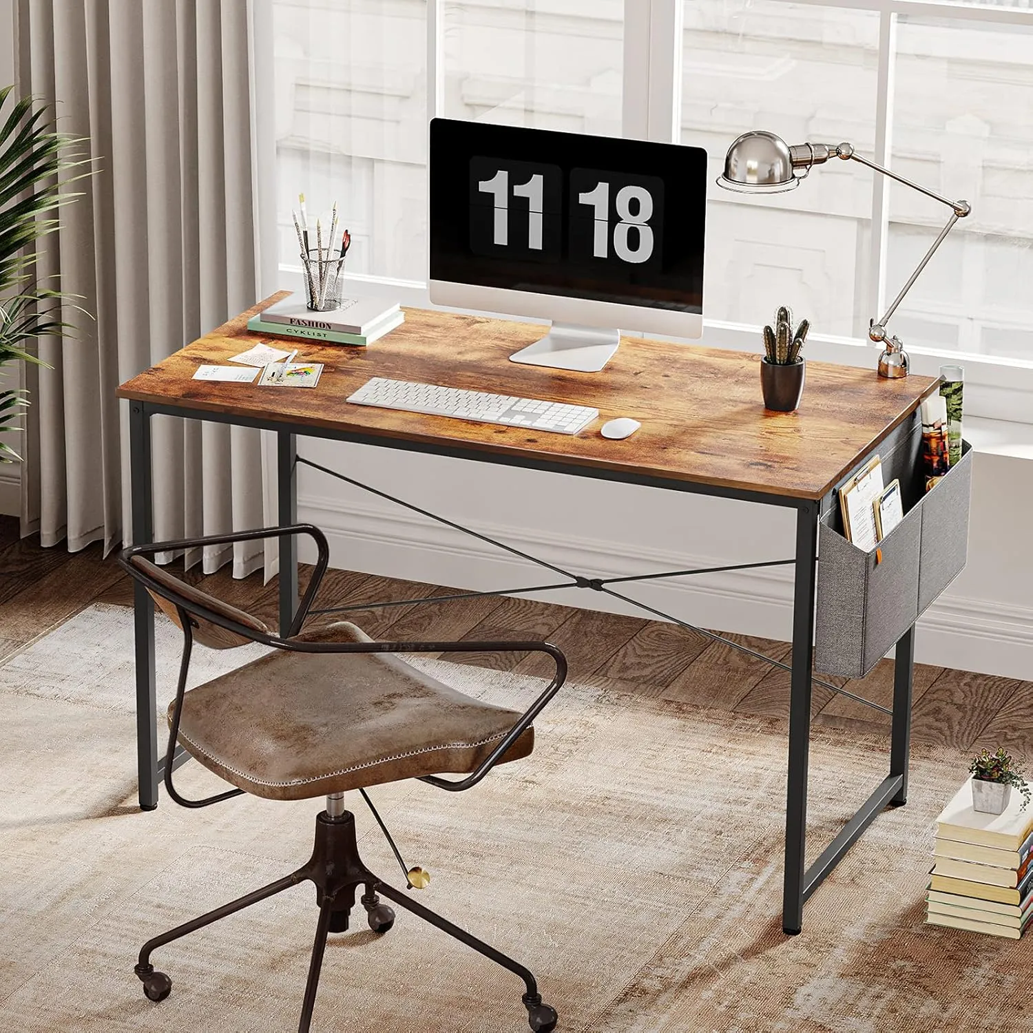 Cubiker Computer Desk 63 inch Home Office Writing Study Desk, Modern Simple Style Laptop Table with Storage Bag, Brown