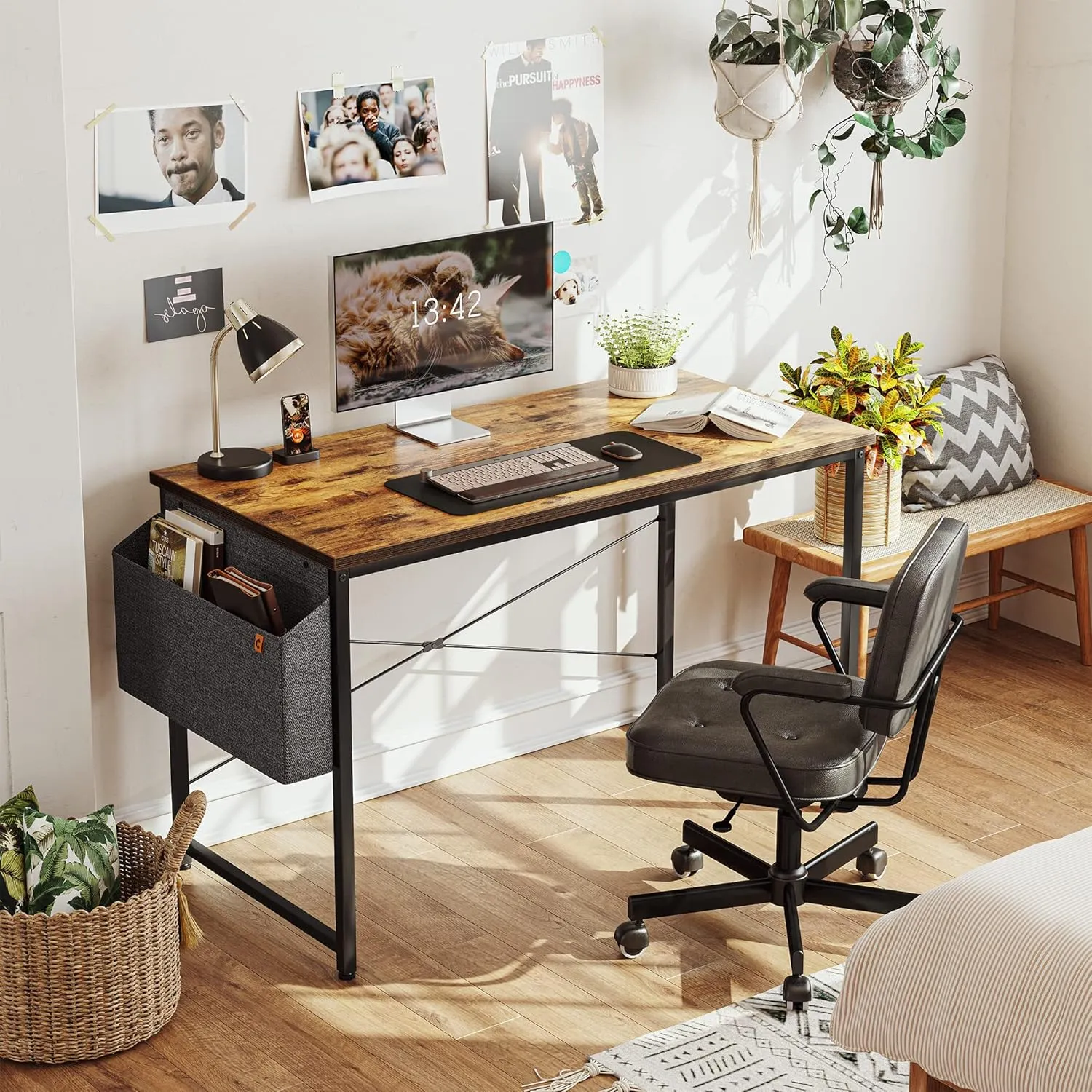 Cubiker Computer Desk 63 inch Home Office Writing Study Desk, Modern Simple Style Laptop Table with Storage Bag, Brown