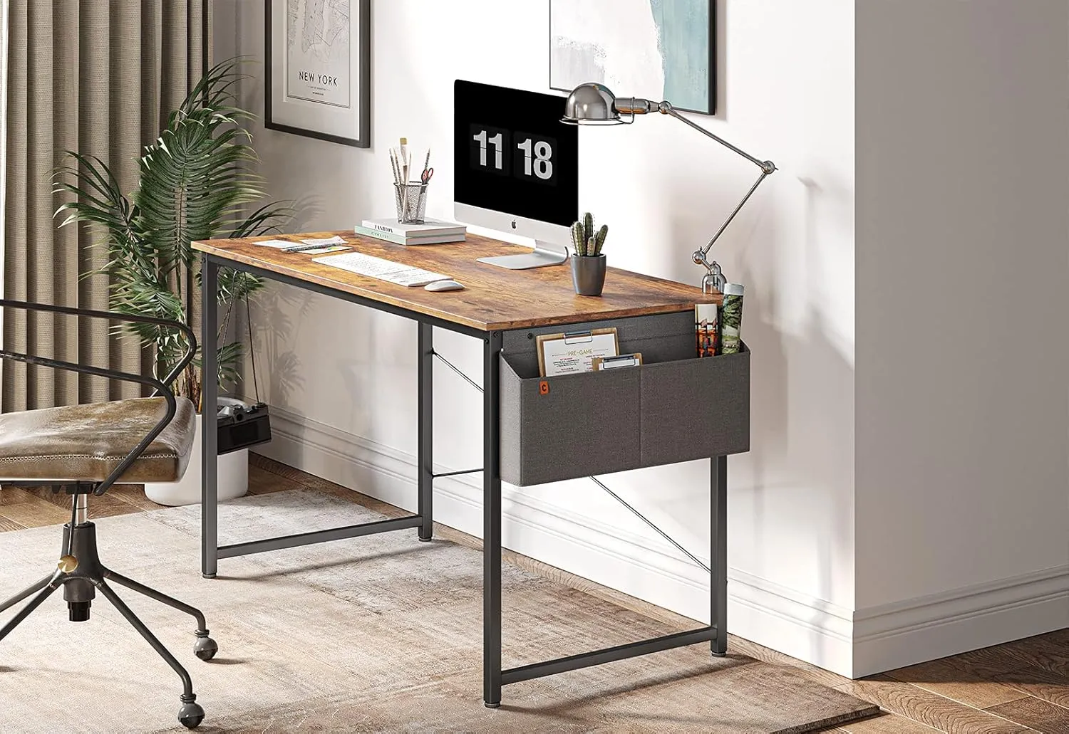 Cubiker Computer Desk 63 inch Home Office Writing Study Desk, Modern Simple Style Laptop Table with Storage Bag, Brown