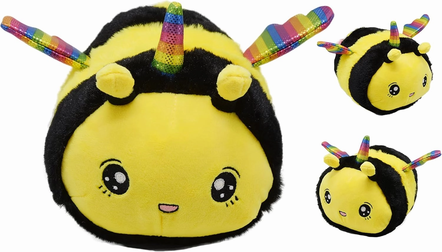 Cuddly Unicorn Bee Stuffed Animal with Smile Face and Rainbow Wings Happy Fuzzy Bumblebee Plush Toy Pillow Pretty Sweet Gifts for Kids Boys and Girls Present for Birthday or Party 10 Inch (Big Eyes)