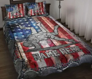 Custom Wrestling Wrestler American Flag Crack Metal Personalized Name Quilt Blanket & Pillowcases, Quilts Bedding Set & Pillow Cover, King Queen Double Twin Throw Full Size Bedspread Bed Sets