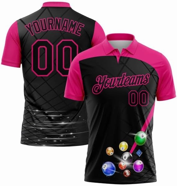 Customize Name,Custom Jersey, Polo Sport, Black Hot Pink 3D Pattern Design Billiards Performance Polo
