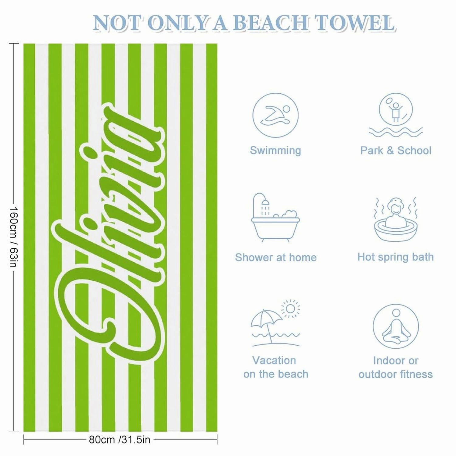 Customized Lime Green And White Initial Beach Towel for Men Boys Gift Personalized Lime Green And White Swim Towel Designer Microfiber Striped Swimming Towels for Toddler Girl Bachelorette
