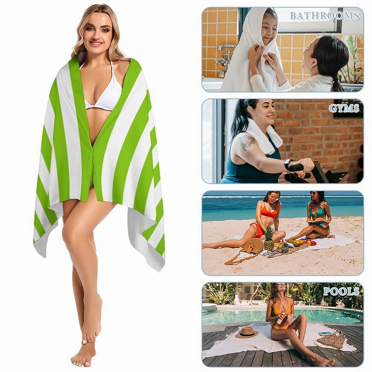 Customized Lime Green And White Initial Beach Towel for Men Boys Gift Personalized Lime Green And White Swim Towel Designer Microfiber Striped Swimming Towels for Toddler Girl Bachelorette