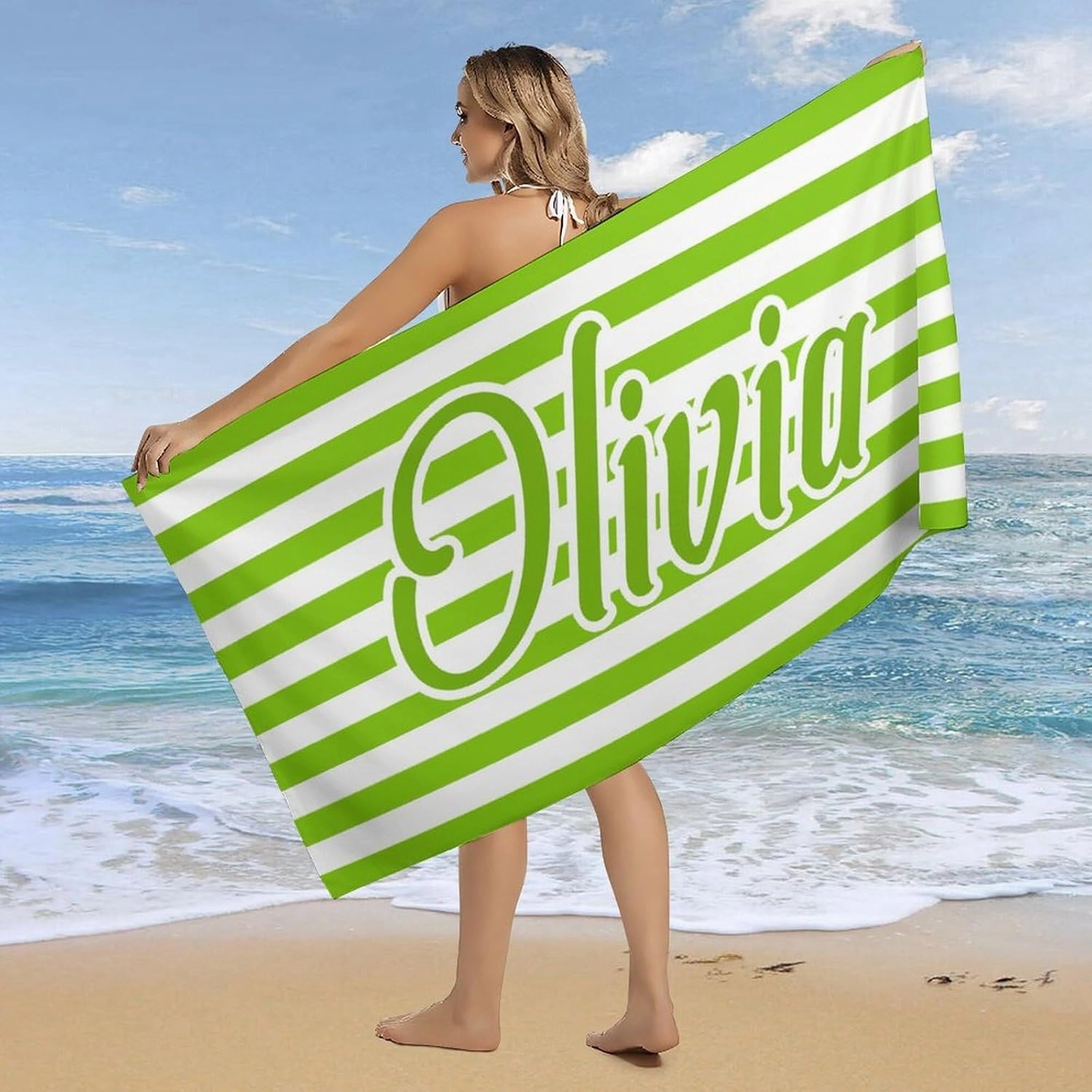 Customized Lime Green And White Initial Beach Towel for Men Boys Gift Personalized Lime Green And White Swim Towel Designer Microfiber Striped Swimming Towels for Toddler Girl Bachelorette