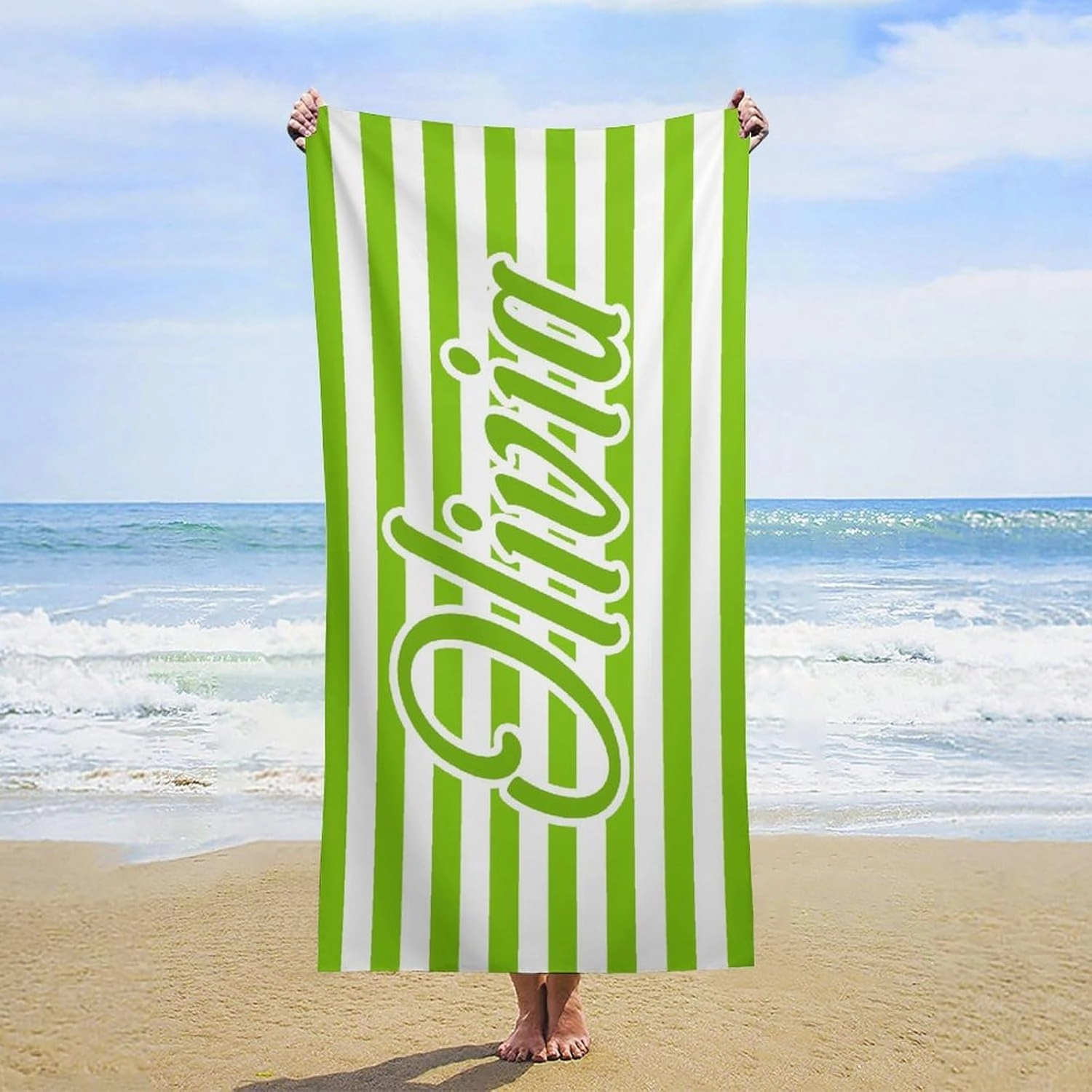 Customized Lime Green And White Initial Beach Towel for Men Boys Gift Personalized Lime Green And White Swim Towel Designer Microfiber Striped Swimming Towels for Toddler Girl Bachelorette