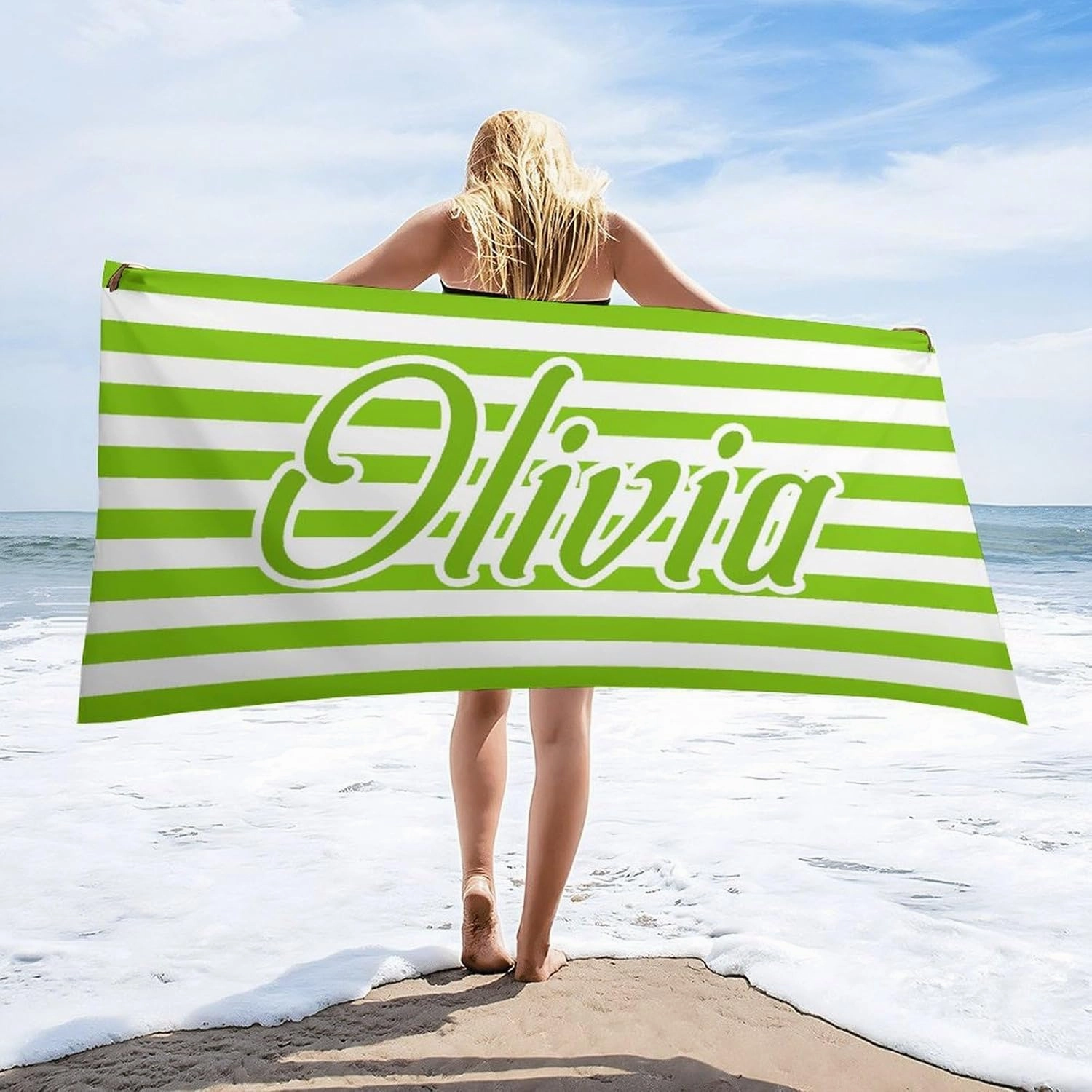 Customized Lime Green And White Initial Beach Towel for Men Boys Gift Personalized Lime Green And White Swim Towel Designer Microfiber Striped Swimming Towels for Toddler Girl Bachelorette